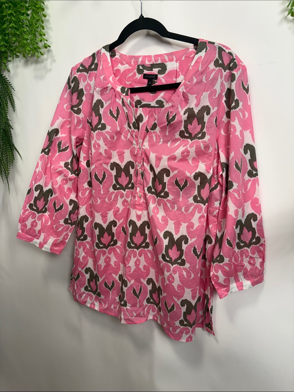 Talbots Pink Brown Abstract Henley cotton Blouse